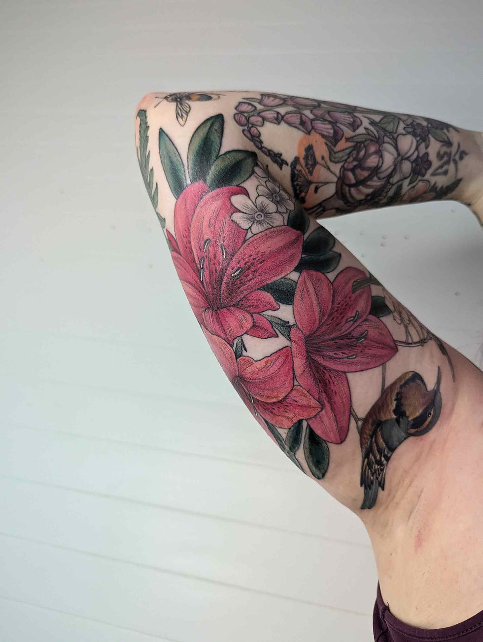 Rhododendron and bird inner arm tattoo in colour