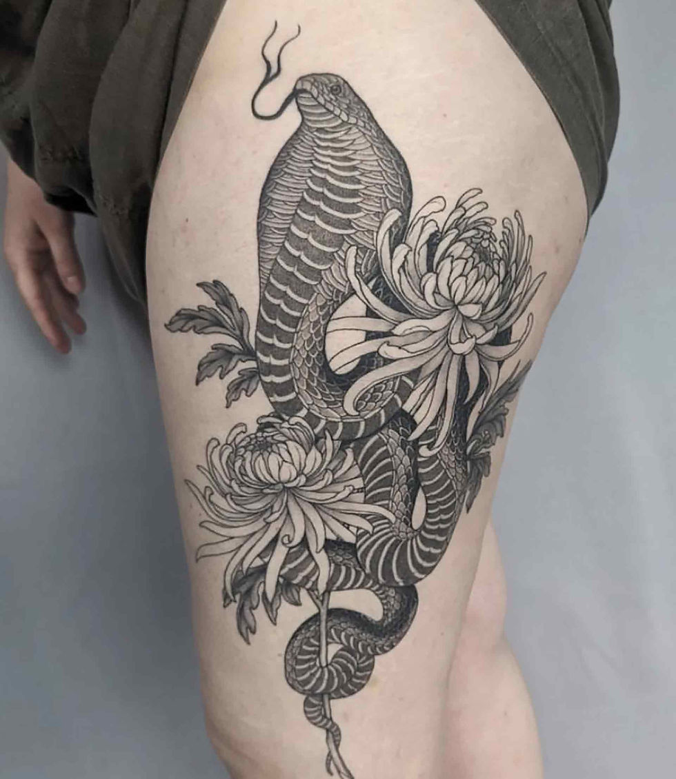 Snake and Chrysanthemum black and grey tattoo