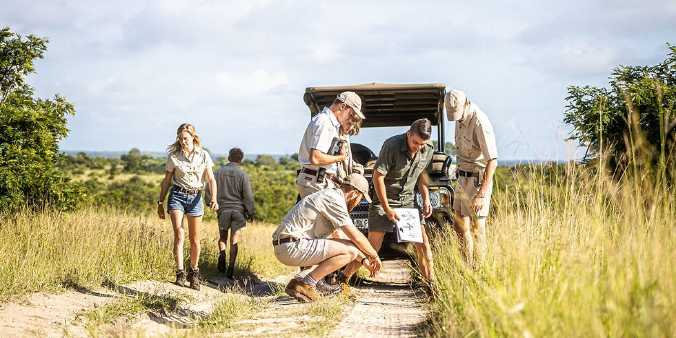 Track and sign is an essential part of Bushwise and field guide training. In this image, students discuss a set of tracks in the sand behind a game viewer, while a trainer pulls out a booklet to help them identify it.