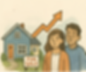 An anxious young couple stands in front of a house with a “For Sale” sign, while an upward-pointing orange arrow rises over the roof—symbolizing the rising cost of housing and the financial barriers that make homeownership difficult for first-time buyers.