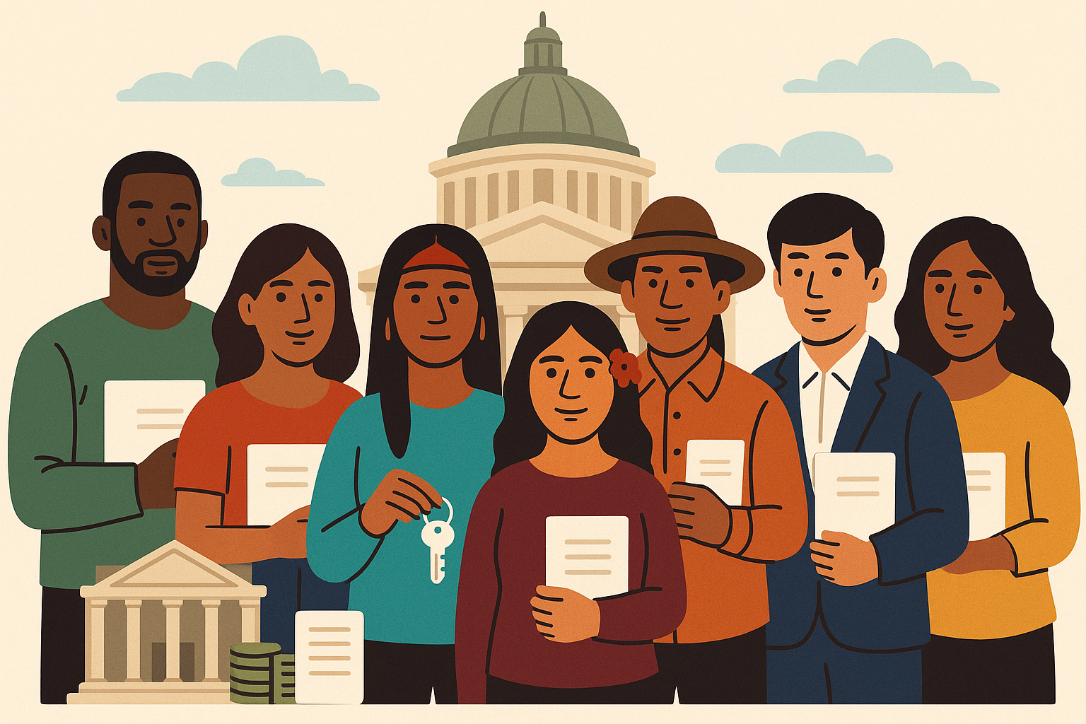 Seven individuals representing various racial and ethnic groups stand in front of a neoclassical courthouse in Washington, confidently holding documents that symbolize eligibility verification for homeownership assistance.