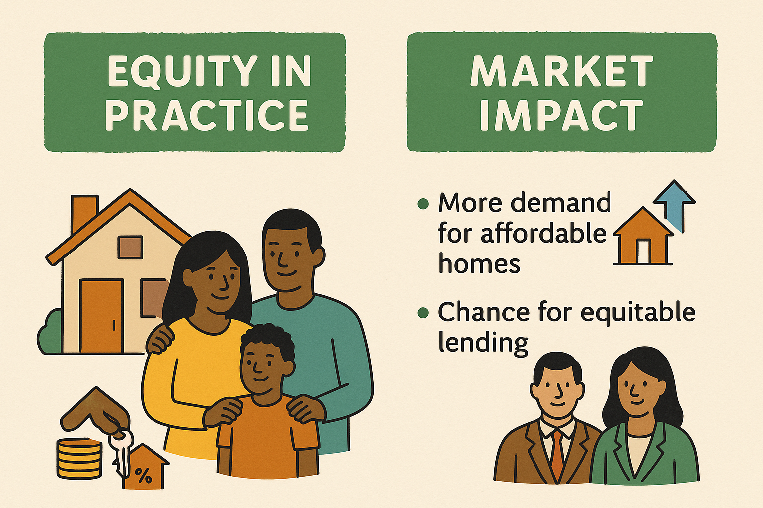 A digital infographic showing a family in front of a home under the label 'Equity in Practice', with adjacent icons for downpayment and affordable housing. On the right, bullet points explain increased demand and equitable lending under the header 'Market Impact'.