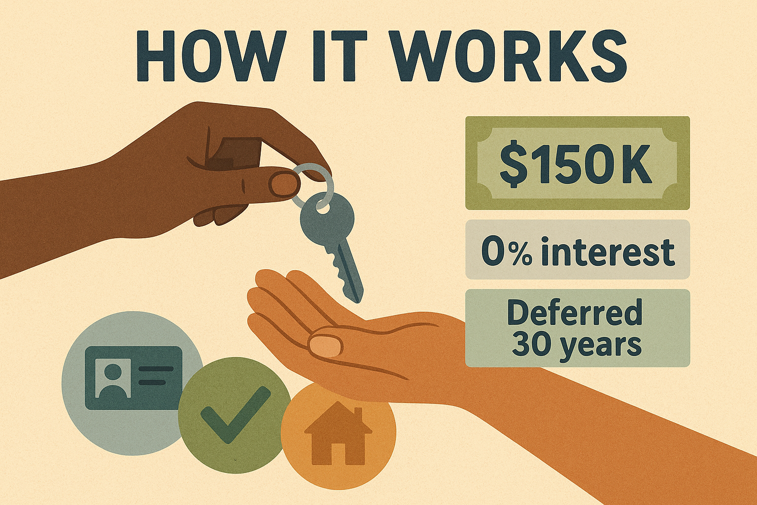 Infographic-style image showing one hand handing over a house key to another, alongside icons for $150K, 0% interest, and deferred 30 years. Illustrations include ID verification, a home, and a green checkmark to represent eligibility.
