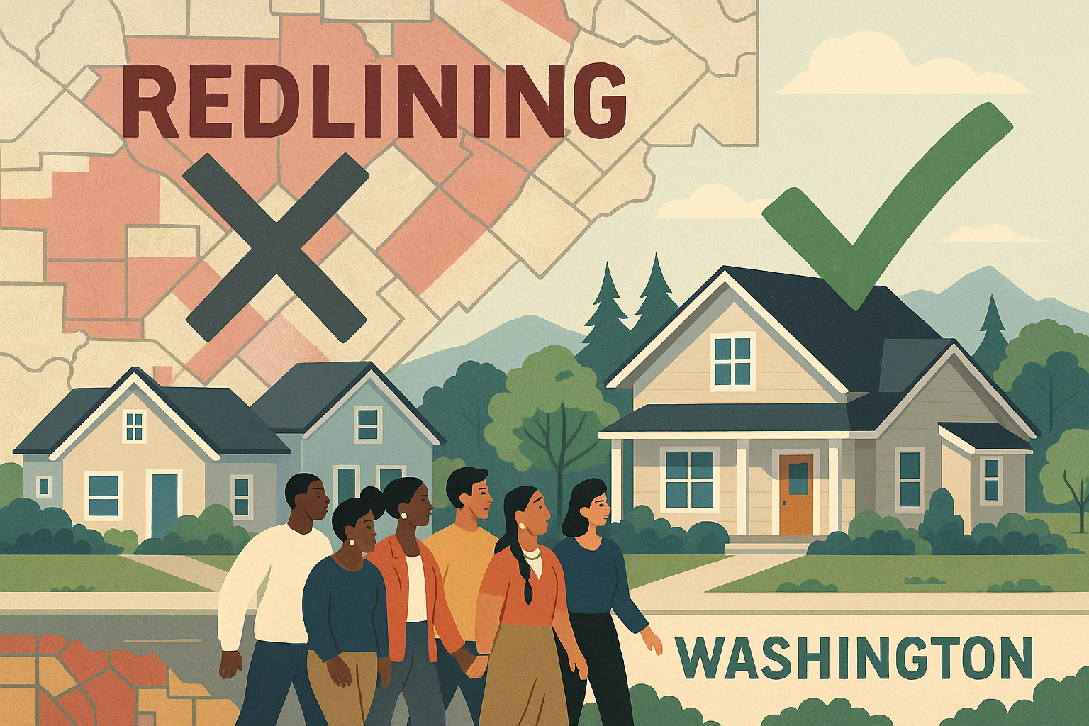 An illustration comparing historic redlining maps and modern inclusive neighborhoods in Washington State, showing diverse individuals walking toward a house with a green checkmark symbolizing access and equity.