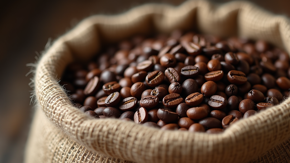 Eye-level view of coffee beans in a burlap sack