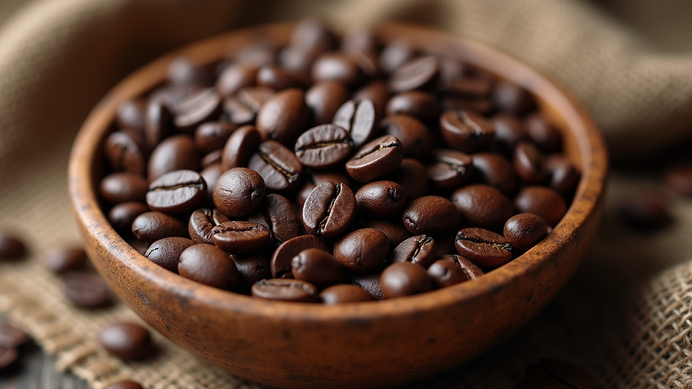 Close-up view of roasted coffee beans in a wooden bowl