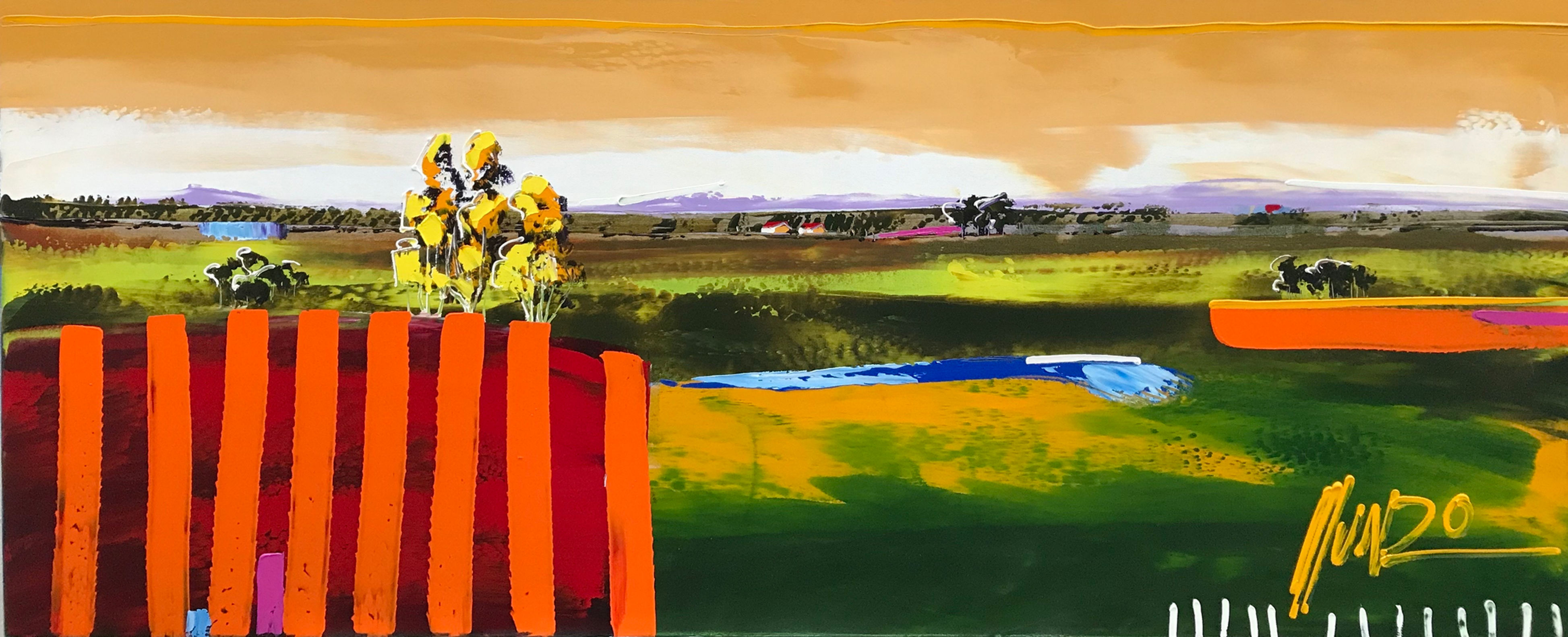 Big Abstract landscape painting by famous South African artist Munro with orange, red, yellow and other autumn colours.