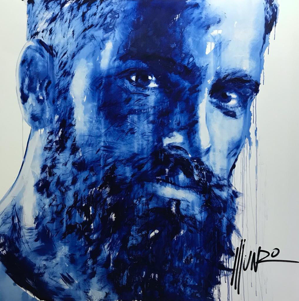 Andrew Salgado. Picasso.A big monochrome blue painting by Munro of a bearded man from the be men of courage series.