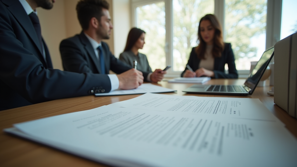 High angle view of a business meeting with documents and laptop on the table