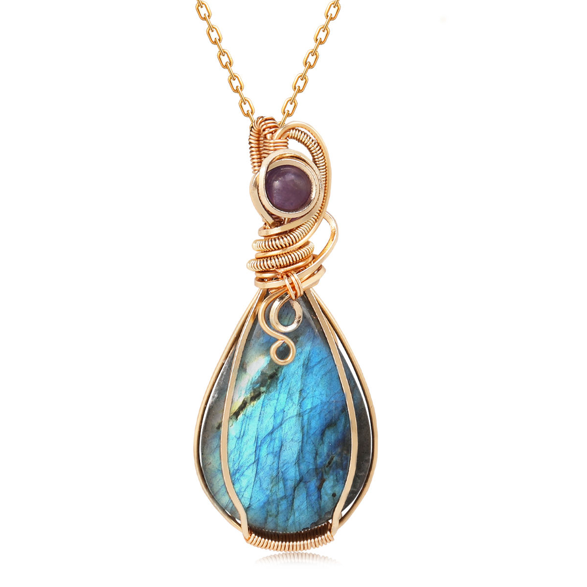 Labrador Stone Necklace Stone Gemstone Pendant Copper Wire Wrapped Jewelry Natur