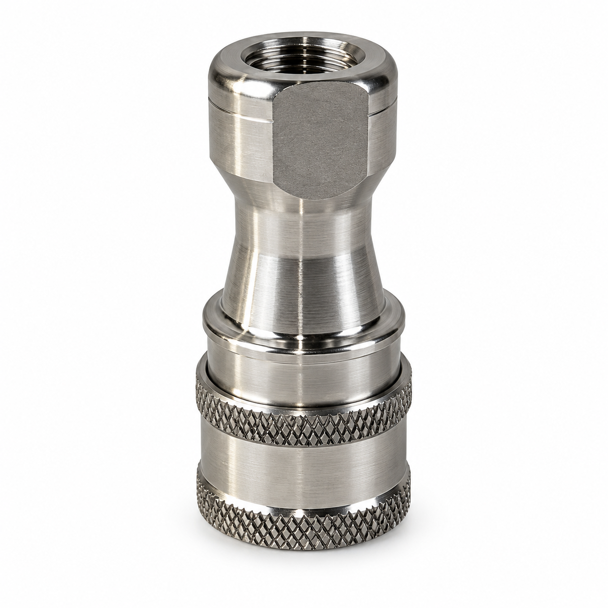 B-043 stainless steel 1/4 inch standard female quick disconnect, upright view