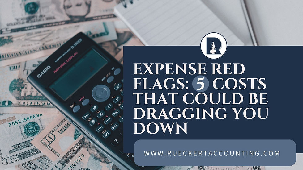 Calculator on dollar bills, notepad nearby. Text: "Expense Red Flags: 5 Costs That Could Be Dragging You Down." Mood: Financial caution.