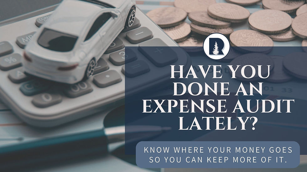 Toy car on calculator, coins in background. Text asks, "Have you done an expense audit lately?" Mood is financial awareness.