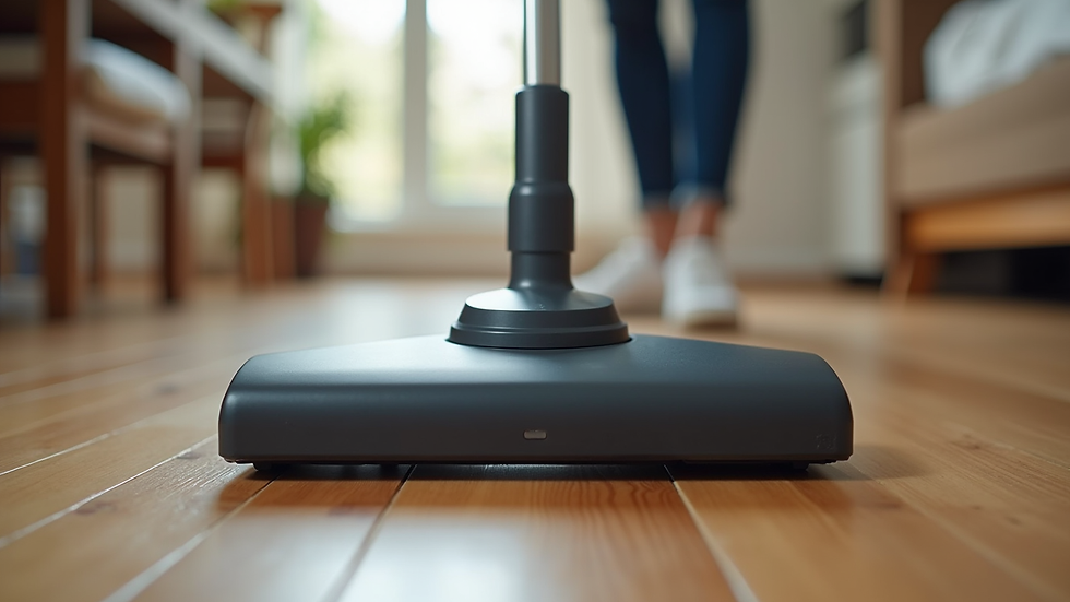 Close-up view of a vacuum cleaner on hardwood floor