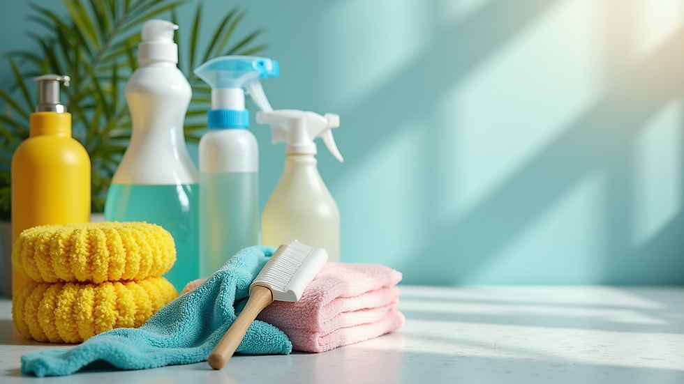 Close-up view of cleaning supplies and tools arranged for deep cleaning