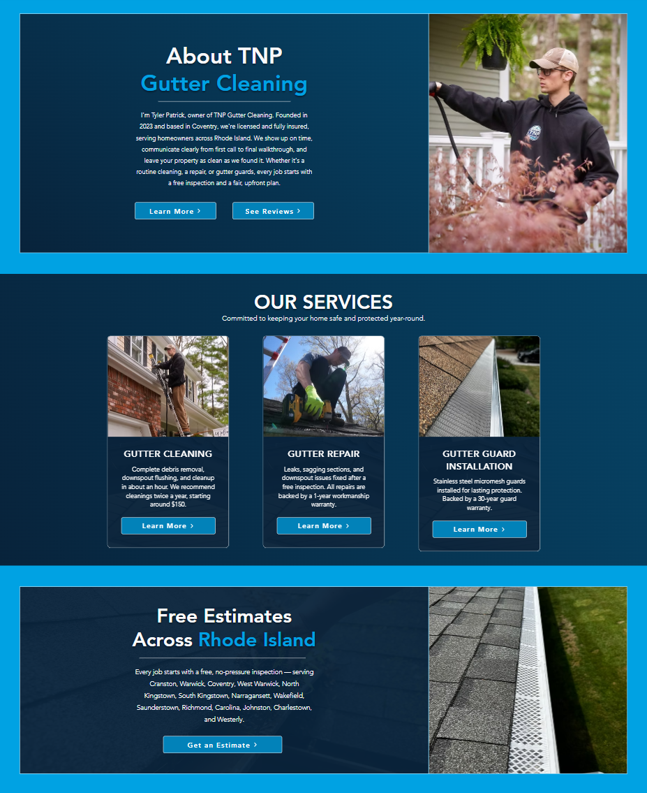 TNP Gutter Cleaning website homepage after Rhode Island website rebuild