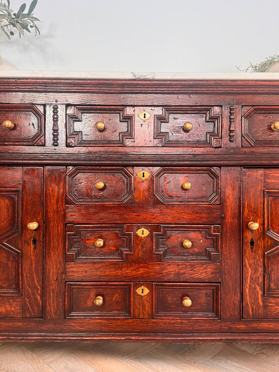 Thumbnail: Antique Jacobean Revival Oak Sideboard with Quartz Top | Circa 1920s