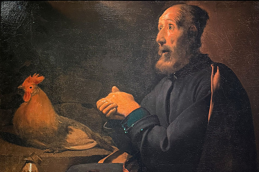 Skruszony święty, triumfujący kogut.