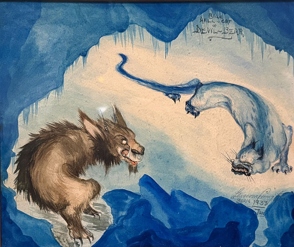 Dwie fantastyczne bestie w lodowej jaskini, walczące naprzeciw siebie;