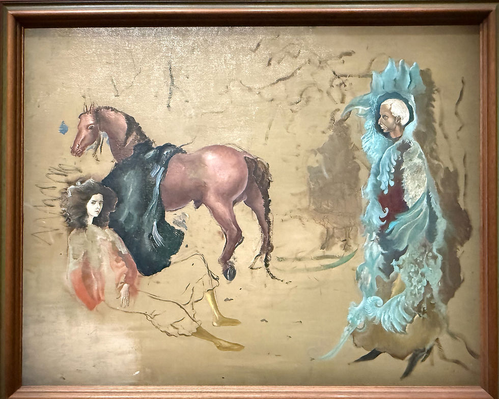 Podwójny portret/ Autoportret z Maxem Ernstem, 1938, kol. prywatna.Max Ernst przedstawiał się czasem w postaci ptaka Loplopa, Leonora widziała się w postaci klaczy.