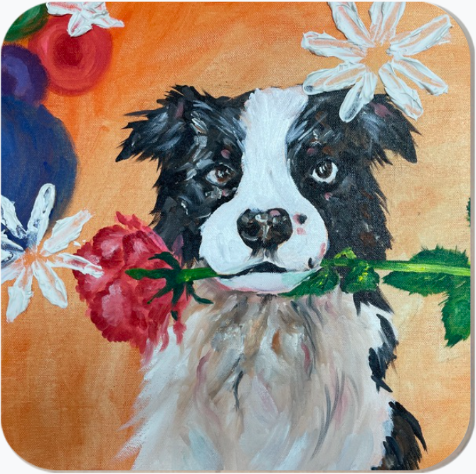A dog in a flower bed coaster