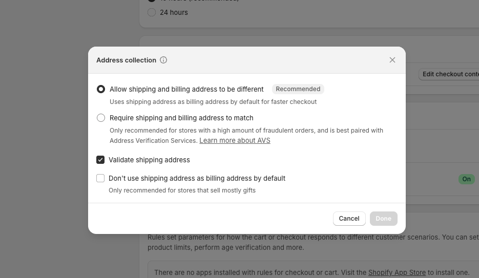 Address collection settings modal with radio options and a checked Validate shipping address box, over a dimmed Shopify admin page.