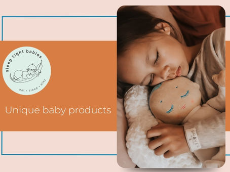 Sleep Tight Babies logo with text Unique baby products and an image of a child holding a Lulla Doll
