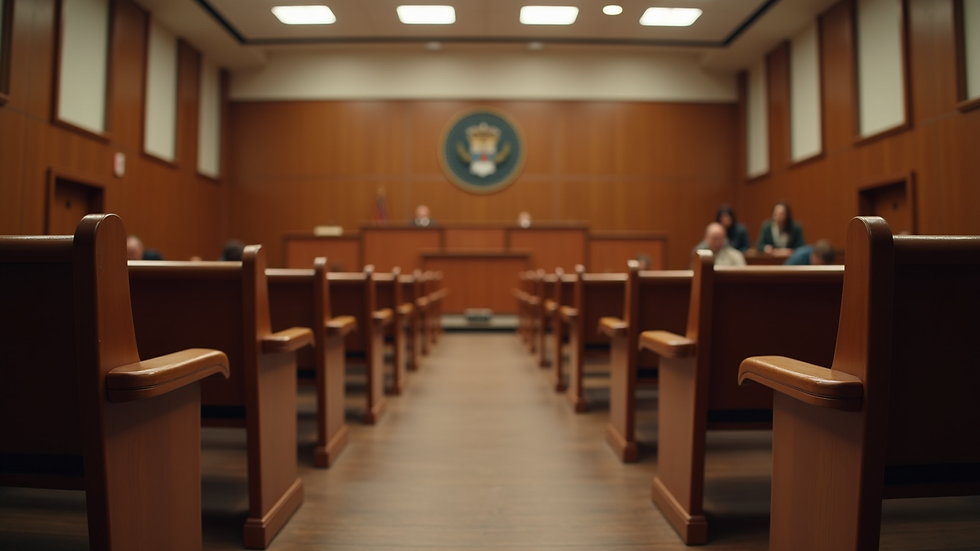 Eye-level view of a courtroom with empty benches