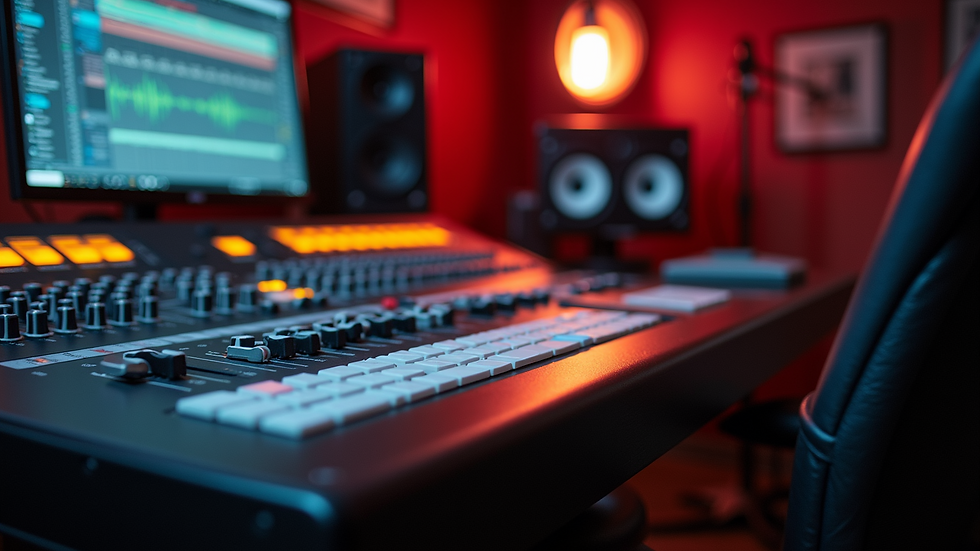 Close-up view of a sound mixing console in a recording studio