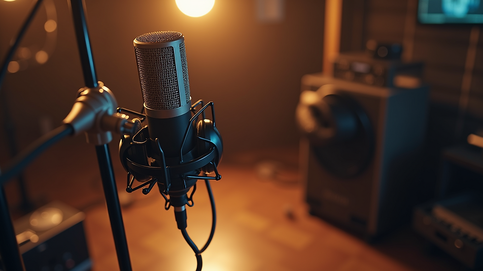 High angle view of a recording booth with a microphone and headphones