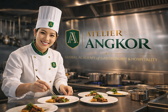 Chef plating food at Atelier Angkor Academy