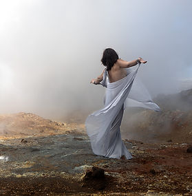Fashion shoot in the mists of Gunnuhver Geyser in Iceland