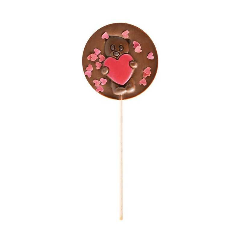 Sucette Chocolat lait Ourson coeurs rouges