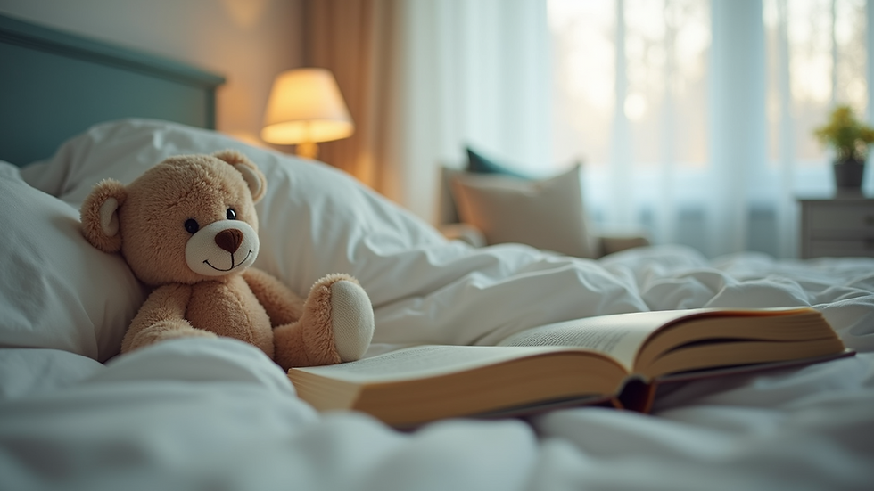 Eye-level view of calming bedtime essentials like a plush toy and storybook