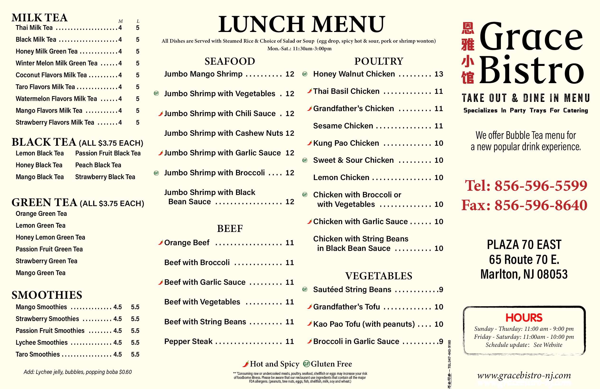 Menu Grace bistro Evesham