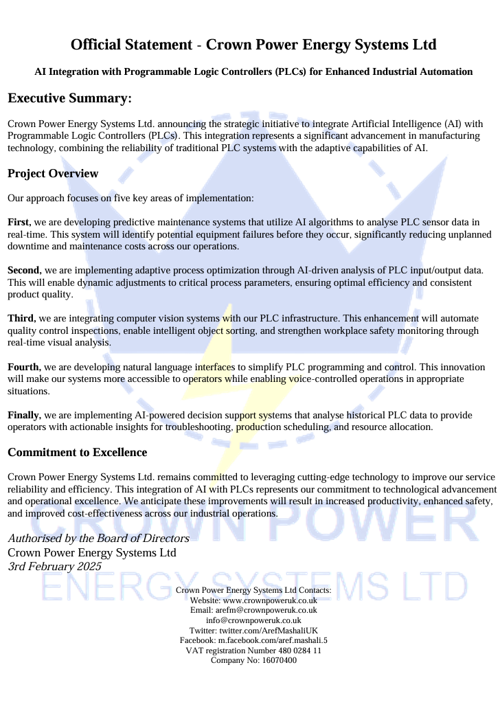 Official Ststments AI Integration with Programmable Logic Controllers (PLCs) for Enhanced 