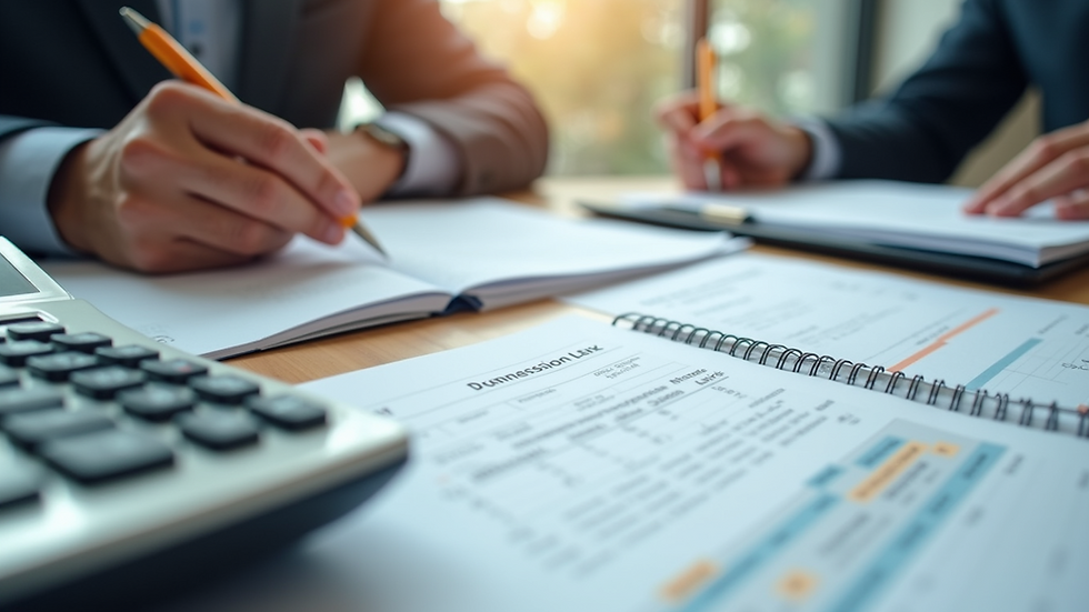 Eye-level view of a tax preparation workspace with documents and a calculator