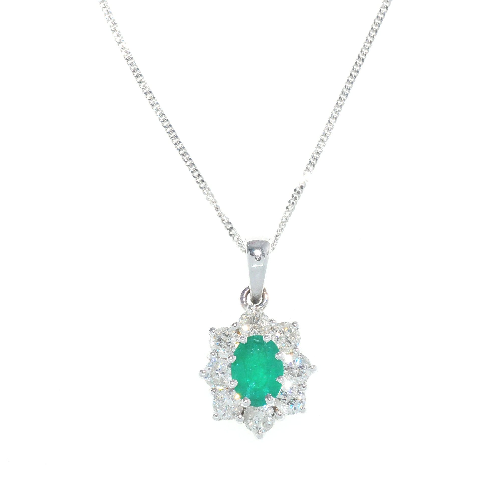 Emerald and 1.00ct of diamonds 18ct white gold pendant and chain