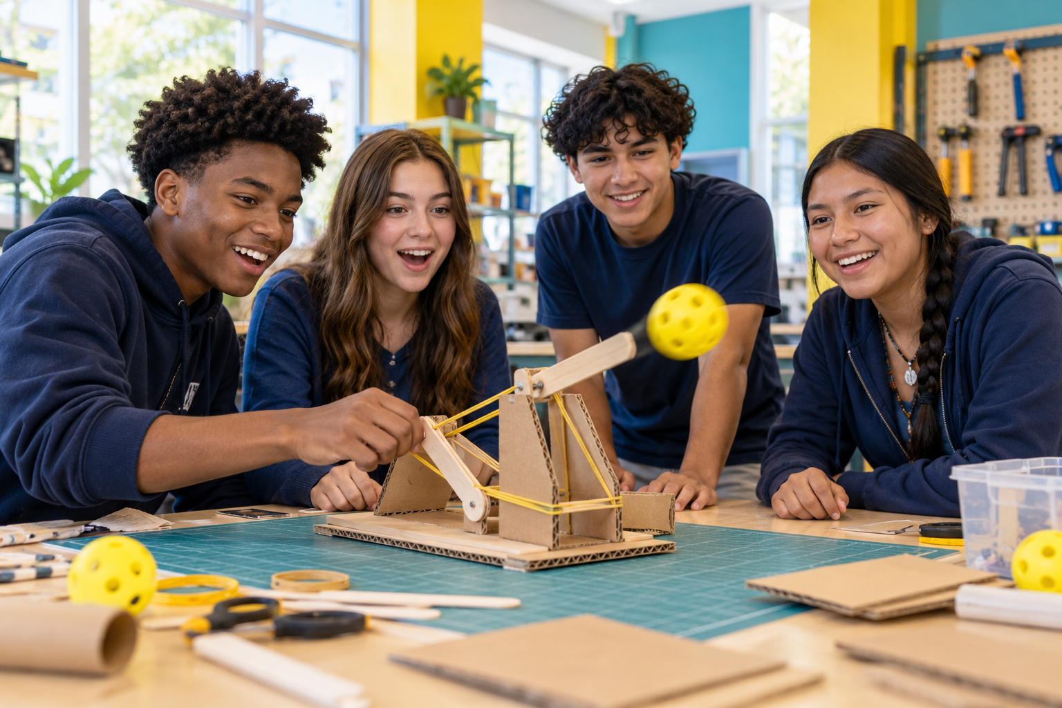Teens cheer as a cardboard pickleball launcher they built sends a ball flying