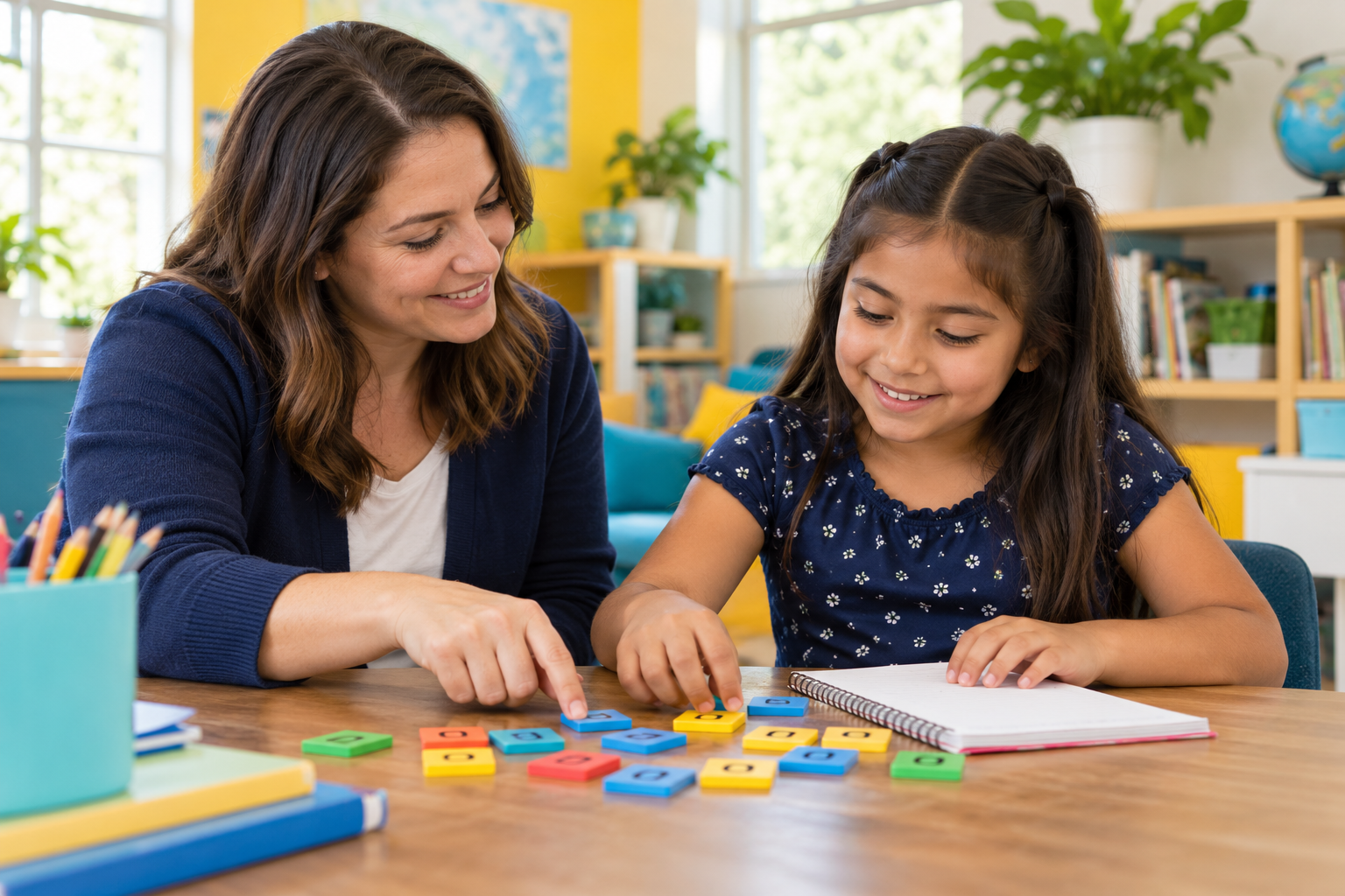 A tutor and a young student arrange colorful letter tiles together