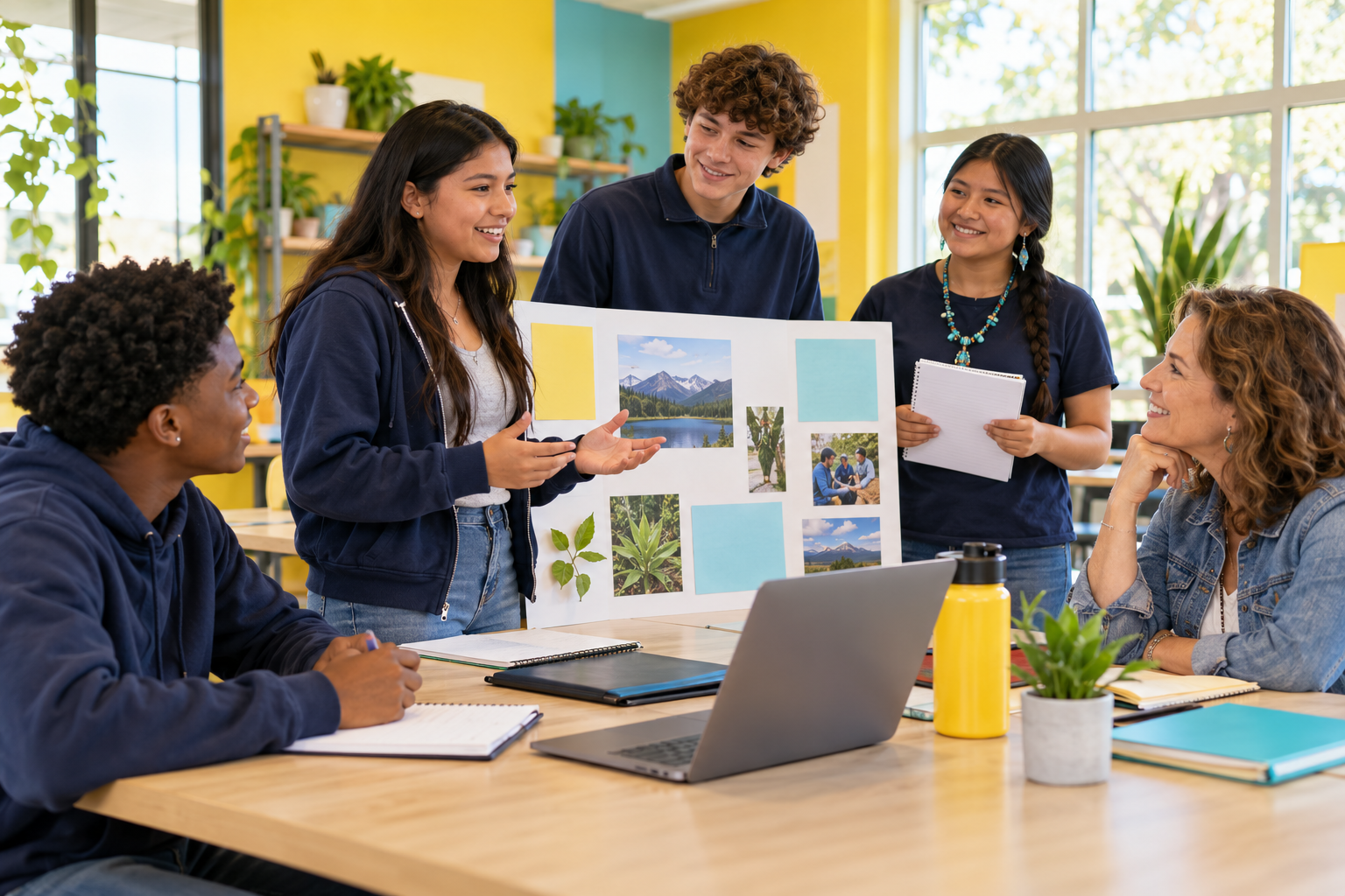 Students present a project board to a mentor