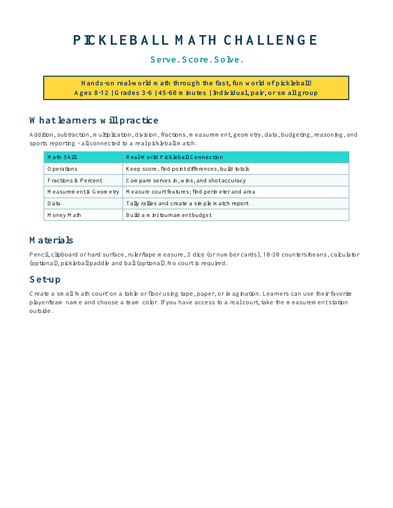 Pickleball Math Challenge printable lesson preview