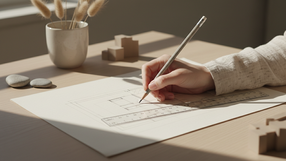 Close-up view of a designer’s hand sketching a room layout on paper