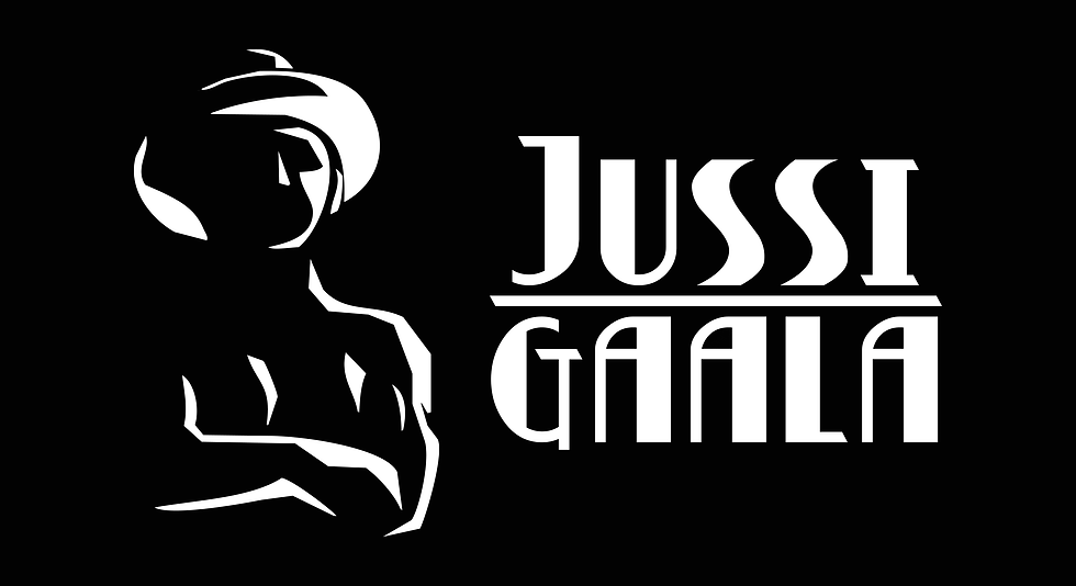 Jussi Gaalan logo valkoinen teksti mustalla taustalla