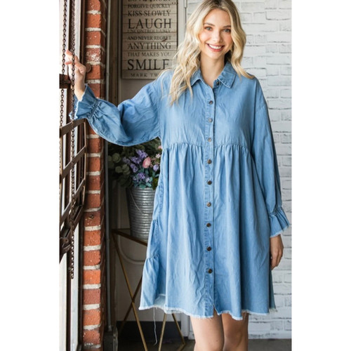 Tied Front Washed Denim Tiered Dress main image 1