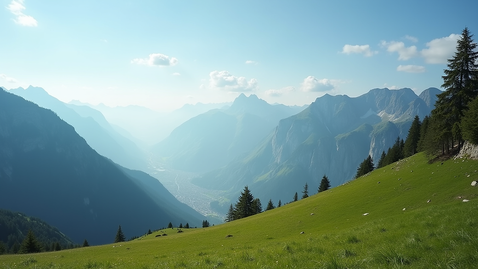 High angle view of a Swiss landscape with mountains and a clear blue sky