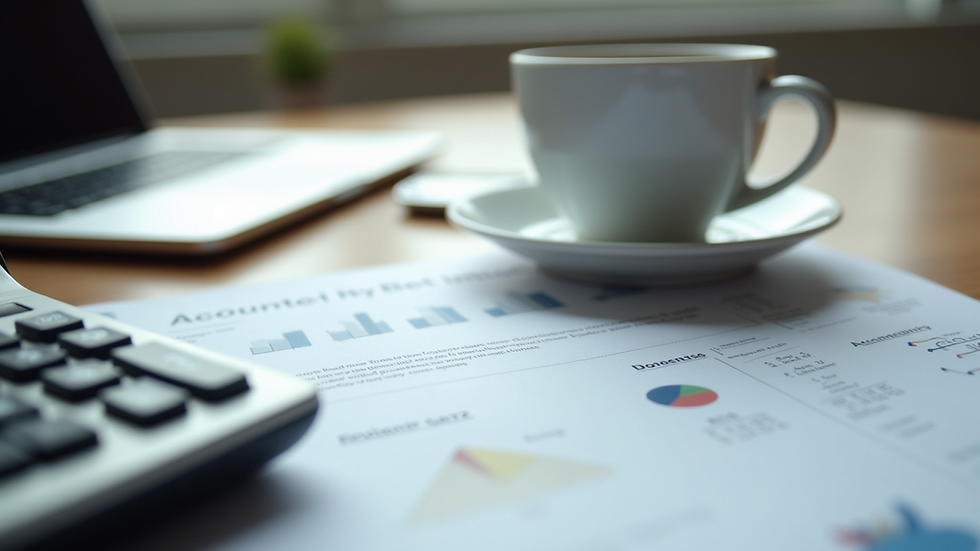 Close-up view of a desk with accounting documents, calculator, and a cup of coffee