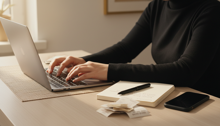Close-up view of a laptop, phone and everyday receipts on a home work surface.