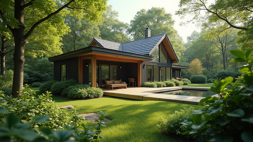 High angle view of a modern eco-friendly home surrounded by greenery