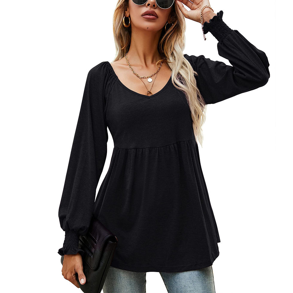 Thumbnail: V‑Neck Lace Blouse Puff Long Sleeve Elegant Casual Women's Top